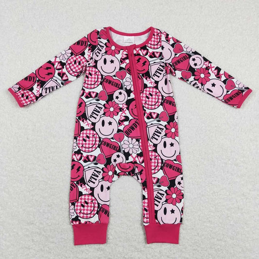 LR0896 Love cow pattern rose red zipper long-sleeved jumpsuit