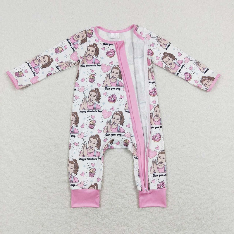 LR0906 Love Donuts Valentine's Day Pink Zip Long Sleeve Jumpsuit