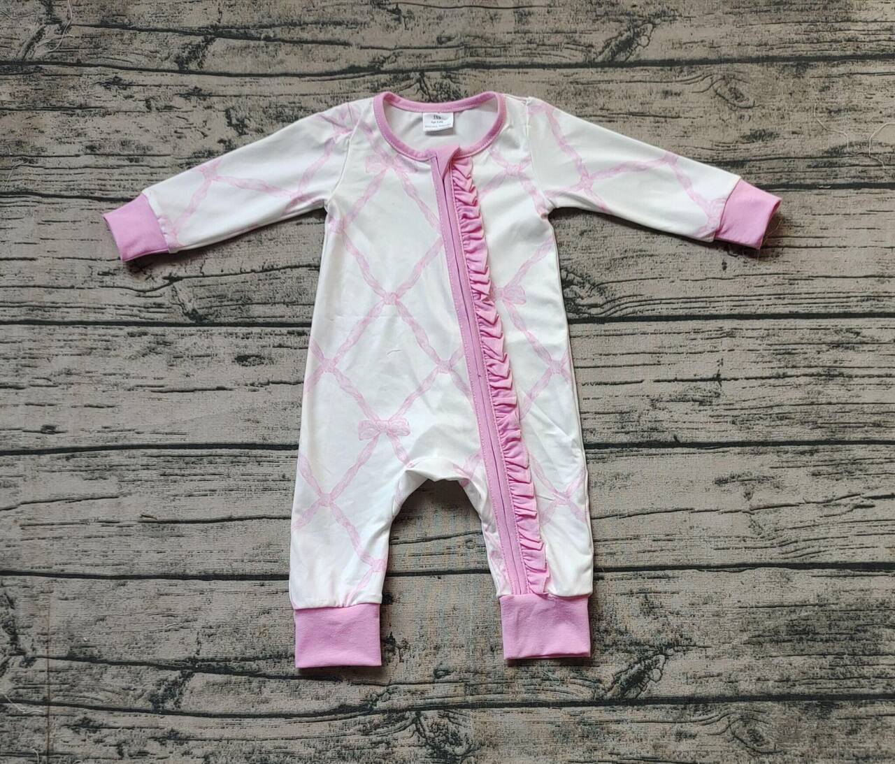 LR0921 Bamboo Bow Pattern Pink Lace Zipper Long Sleeve Jumpsuit