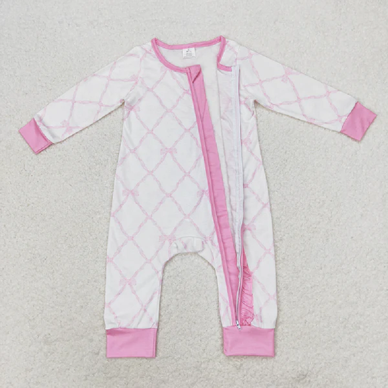 LR0921 Bamboo Bow Pattern Pink Lace Zipper Long Sleeve Jumpsuit