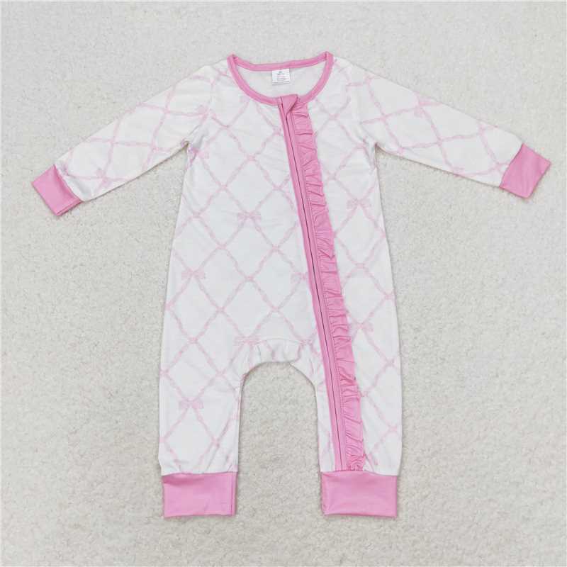 LR0921 Bamboo Bow Pattern Pink Lace Zipper Long Sleeve Jumpsuit