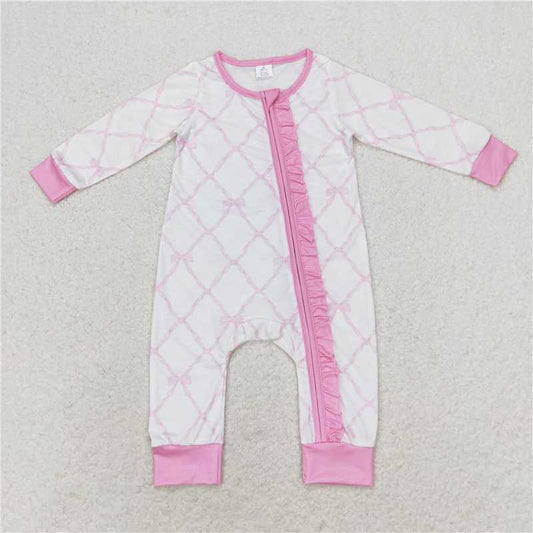 LR0921 Bamboo Bow Pattern Pink Lace Zipper Long Sleeve Jumpsuit