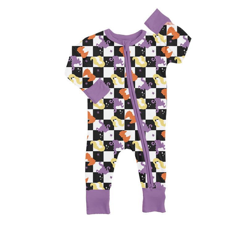 presale LR0938 Black and white plaid purple zipper long sleeve jumpsuit