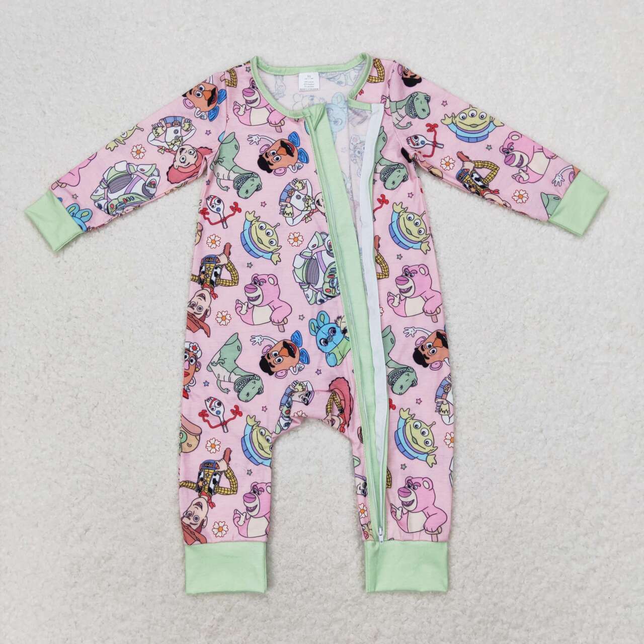 LR0970 Bamboo Cartoon pink and green zipper long-sleeved jumpsuit