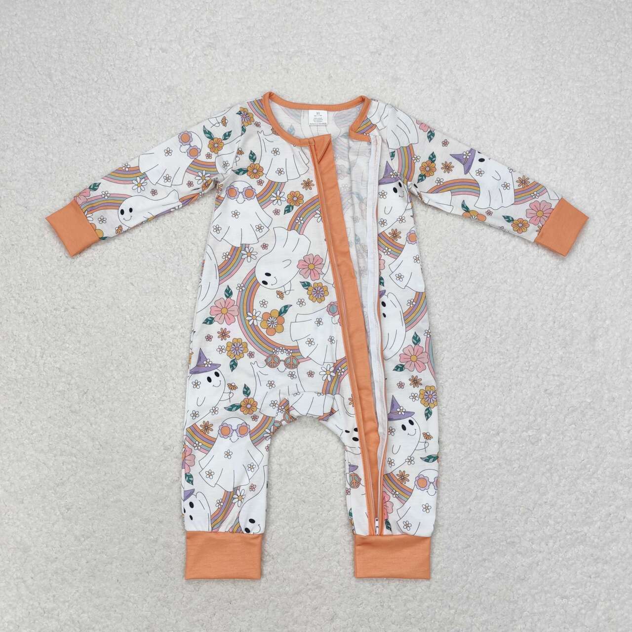 LR0980  Bamboo  Rainbow Ghost Flower Orange Zipper Long Sleeve Bodysuit