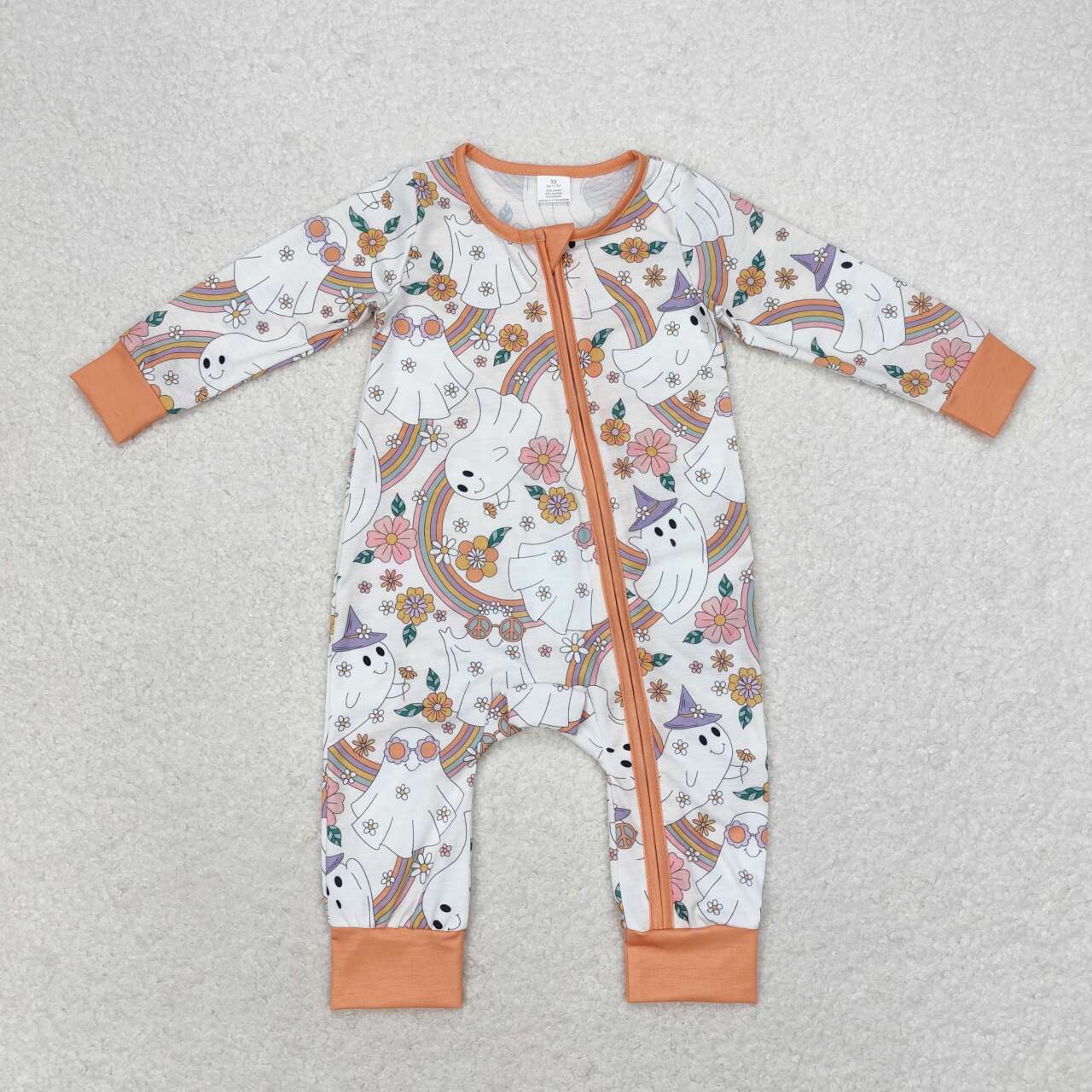 LR0980  Bamboo  Rainbow Ghost Flower Orange Zipper Long Sleeve Bodysuit