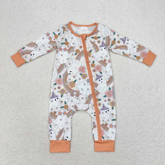 LR0980  Bamboo  Rainbow Ghost Flower Orange Zipper Long Sleeve Bodysuit