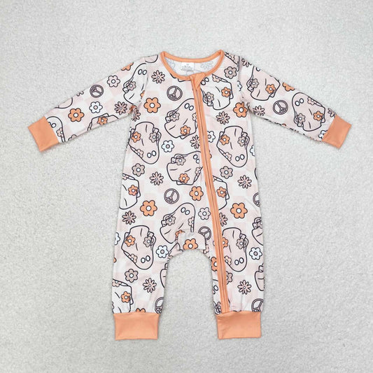 LR0981 Ghost Flower Plaid Orange Zipper Long Sleeve Bodysuit