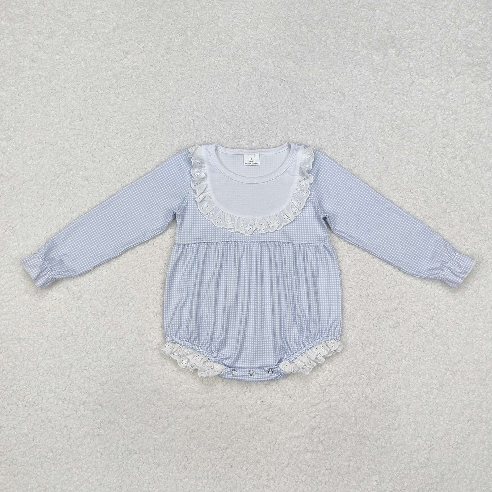 LR0986 Blue Plaid Long Sleeve Bodysuit with Lace