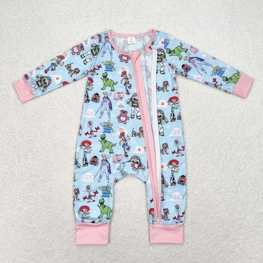 LR0987 Bamboo Blue and pink zip-up long-sleeved bodysuit