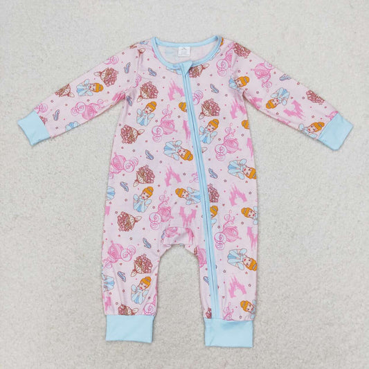 LR0990 Bamboo Princess Castle Light Blue Zipper Long Sleeve Bodysuit