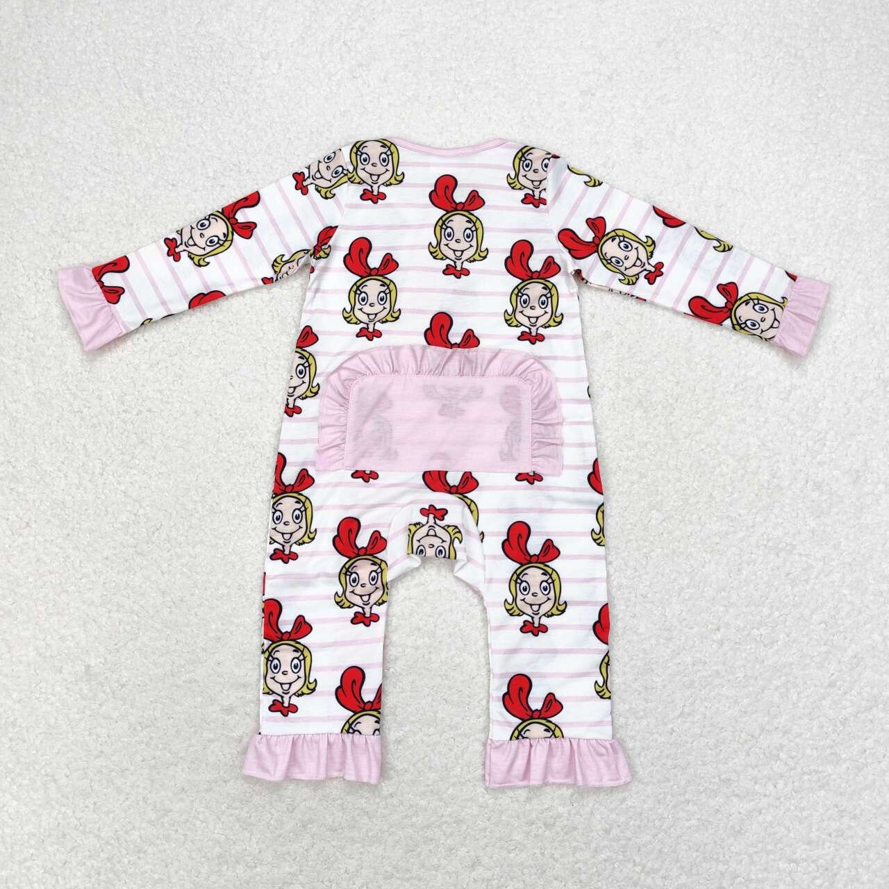 LR1001 Bamboo Girls Pink Striped Lace Zipper Long Sleeve Bodysuit