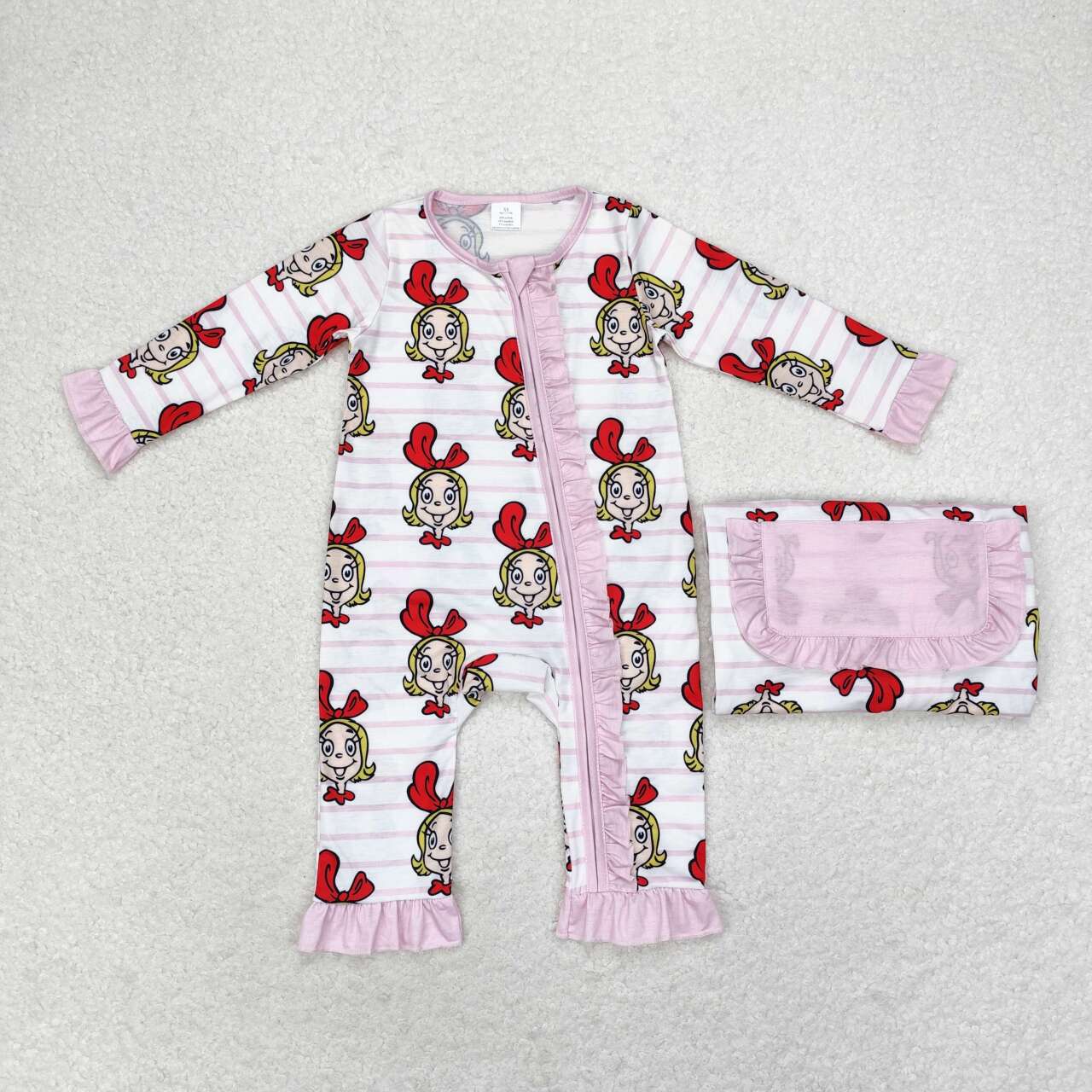 LR1001 Bamboo Girls Pink Striped Lace Zipper Long Sleeve Bodysuit