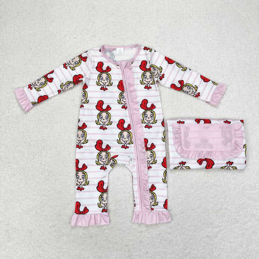 LR1001 Bamboo Girls Pink Striped Lace Zipper Long Sleeve Bodysuit