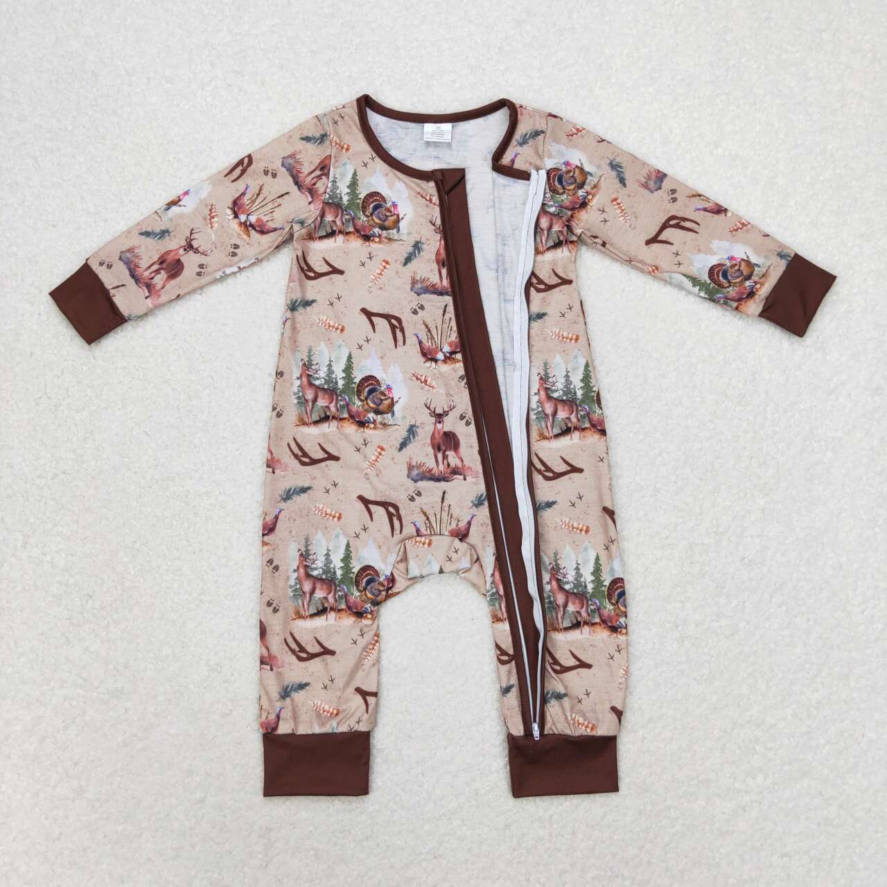 LR1014 Bamboo Antler Turkey Brown Zip-Up Long Sleeve Bodysuit