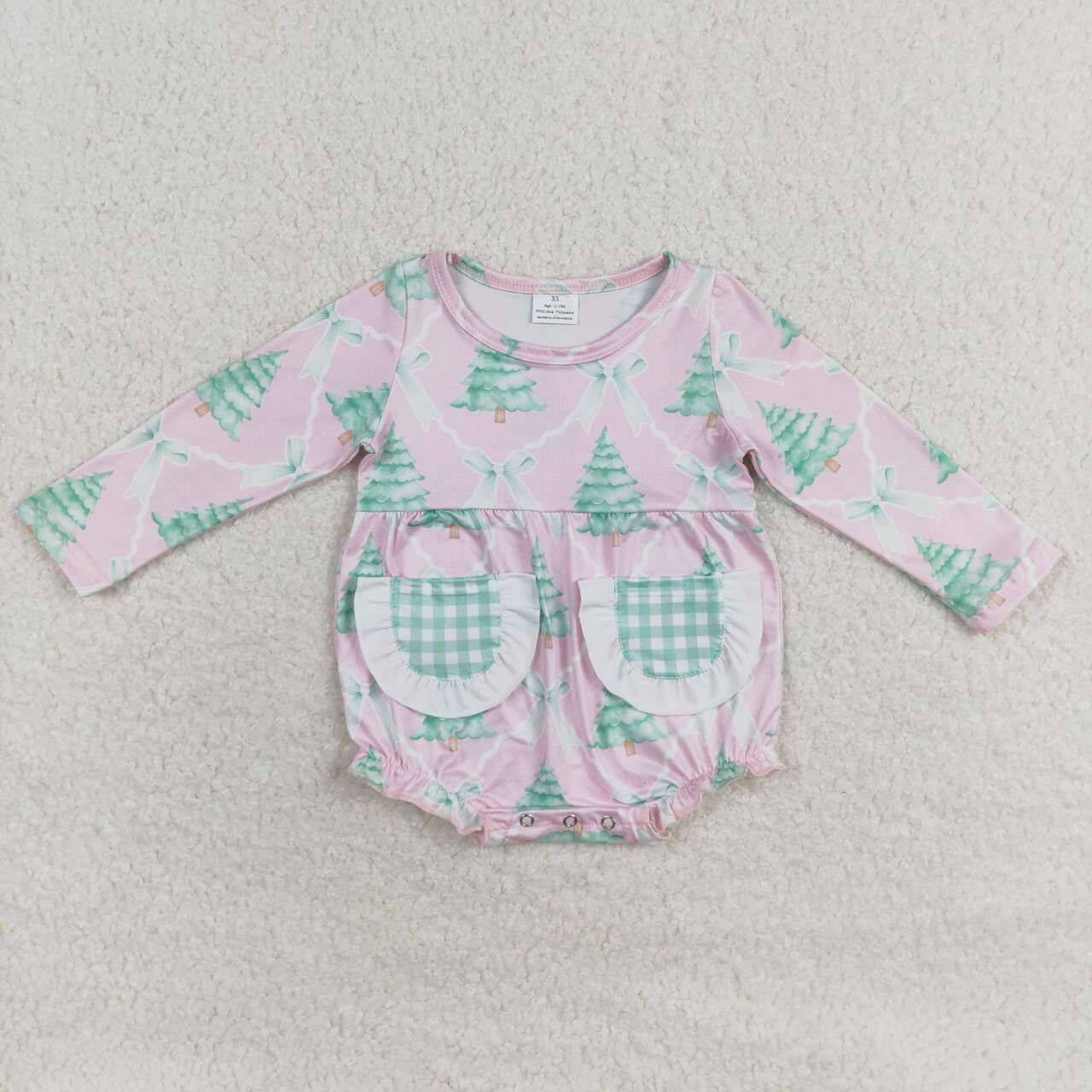 LR1018 Christmas tree bow green plaid pocket lace pink long sleeve jumpsuit