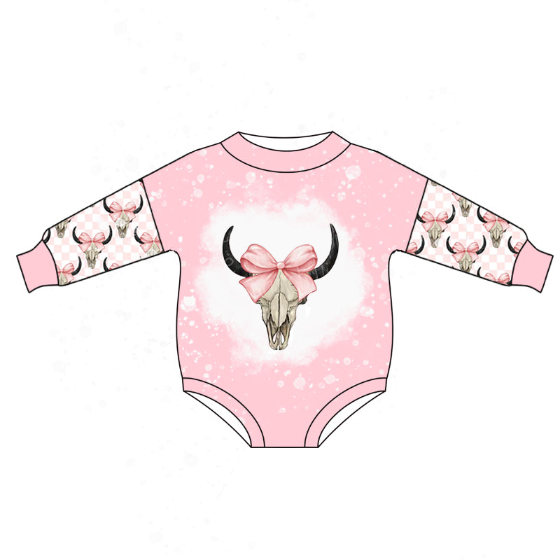 presale LR1034 Alpine Cow Head Bow Pink Long Sleeve Jumpsuit