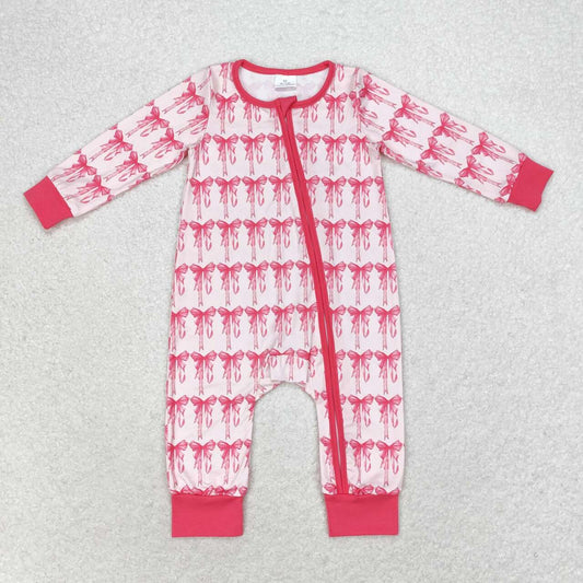 LR1035 Pink and white zippered long-sleeved jumpsuit with bow pattern
