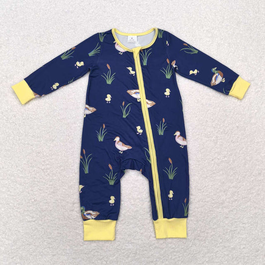 LR1037 Duck yellow trim navy blue zipper long sleeve jumpsuit