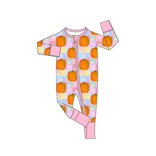 presale LR1040 Pumpkin Flower Colorful Plaid Zip Long Sleeve Jumpsuit
