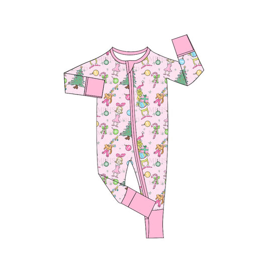presale LR1042 Christmas Tree Girls Pink Zip Long Sleeve Jumpsuit