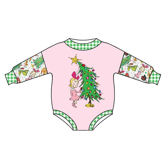 presale LR1043 Christmas tree girl pink long sleeve jumpsuit