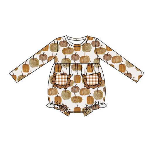 presale LR1045 Pumpkin Brown Plaid Pocket Lace Long Sleeve Jumpsuit