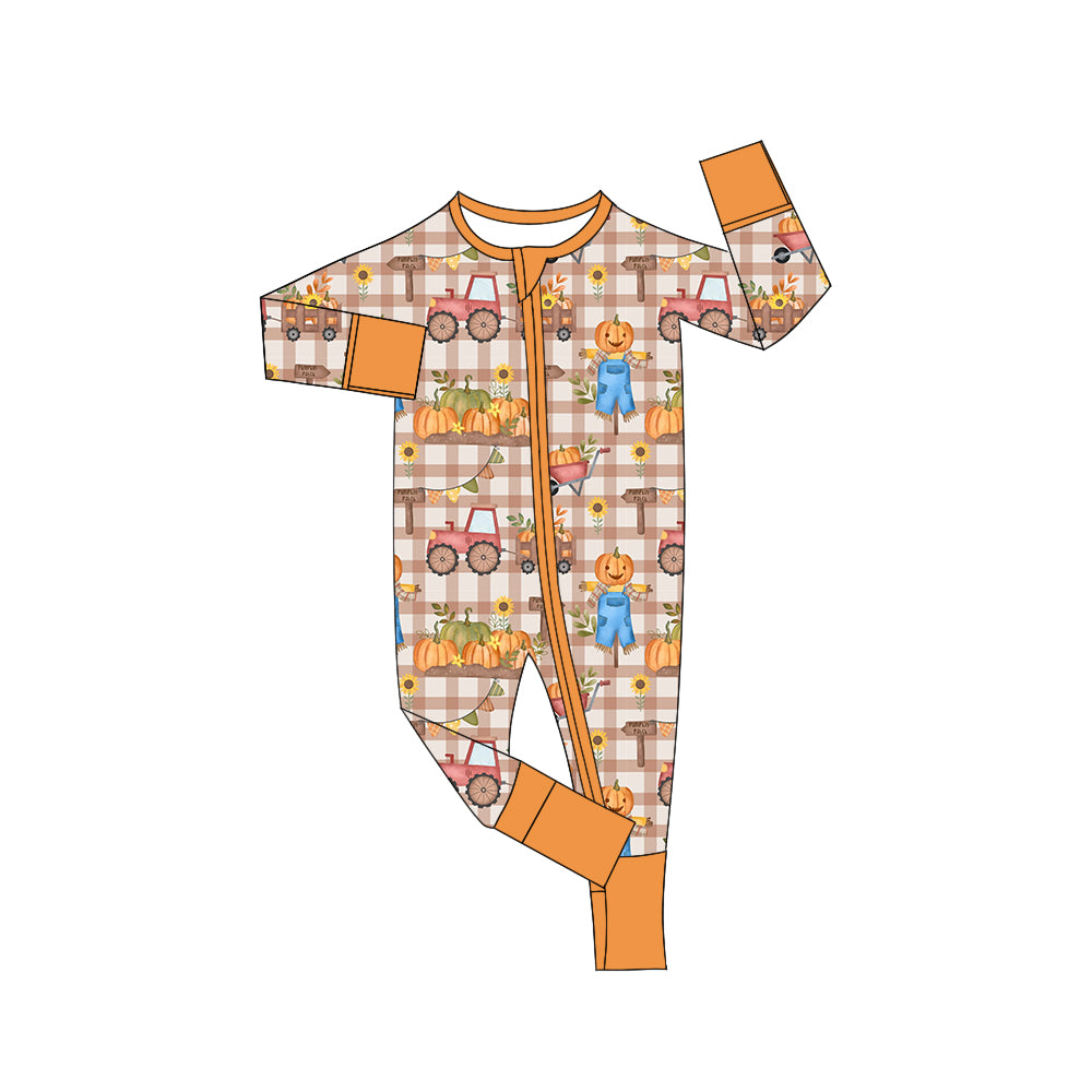 LR1046 Pumpkin Straw Plaid Zip Long Sleeve Jumpsuit