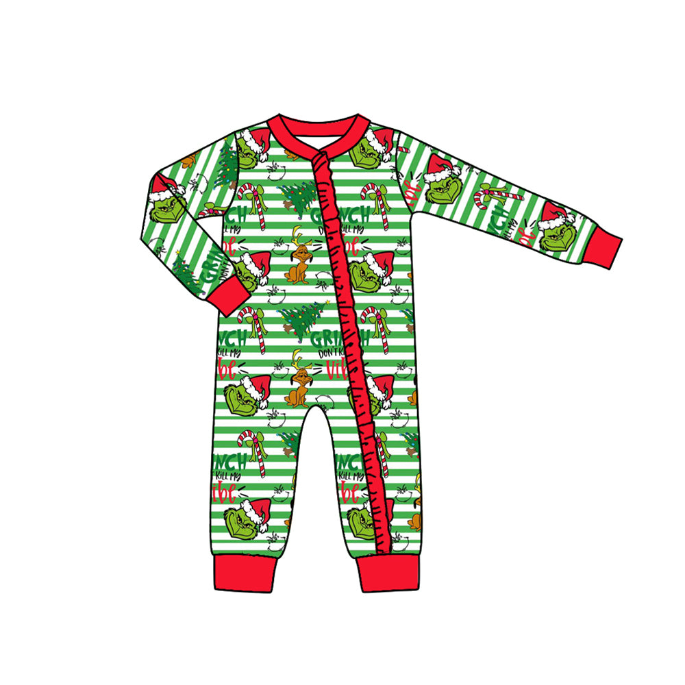 LR1054 Puppy Christmas Tree Green Stripe Red Lace Zipper Long Sleeve Onesie