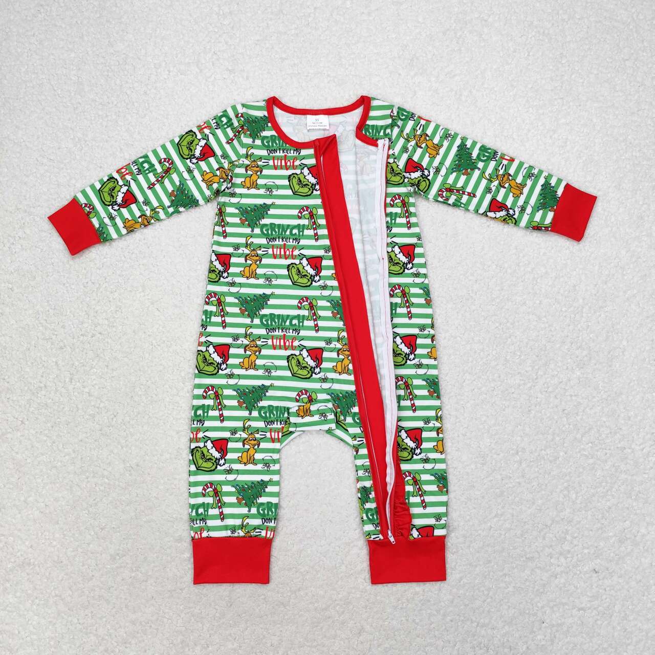 LR1054 Puppy Christmas Tree Green Stripe Red Lace Zipper Long Sleeve Onesie