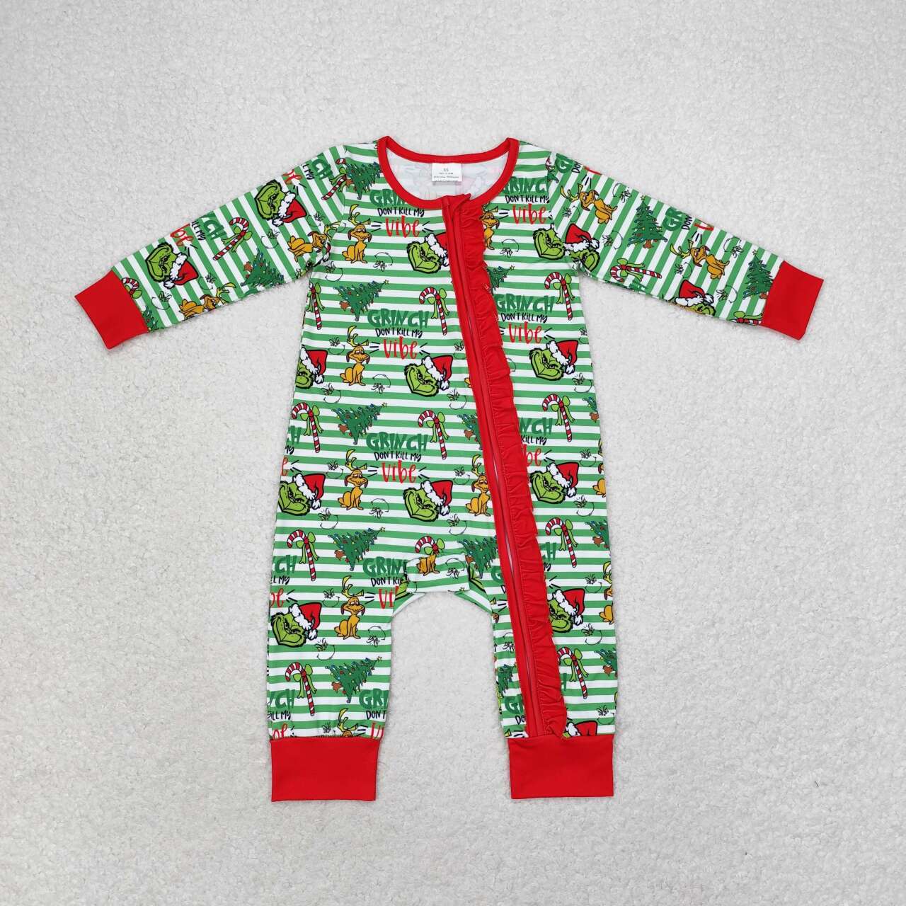 LR1054 Puppy Christmas Tree Green Stripe Red Lace Zipper Long Sleeve Onesie