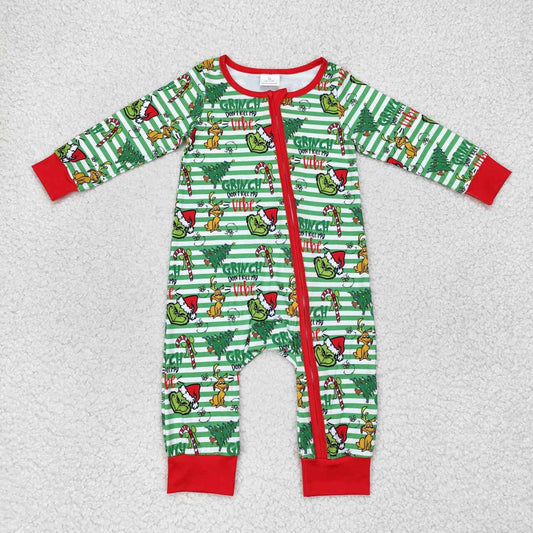 LR1055 Puppy Christmas Tree Green Stripe Zip Long Sleeve Onesie