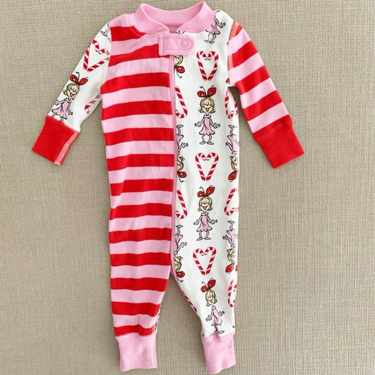 presale LR1058 Christmas Little Girl Love Cane Pink Striped Splicing Zipper Long Sleeve Jumpsuit