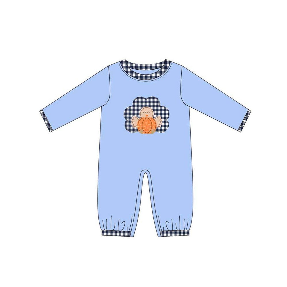 presale LR1066 Pumpkin Turkey Plaid Blue Long Sleeve Jumpsuit