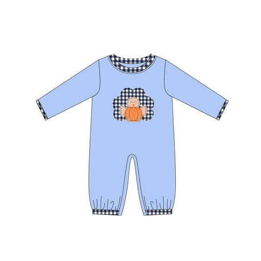 presale LR1066 Pumpkin Turkey Plaid Blue Long Sleeve Jumpsuit