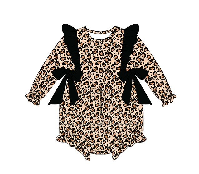 LR1071  Leopard print black bow long sleeve jumpsuit