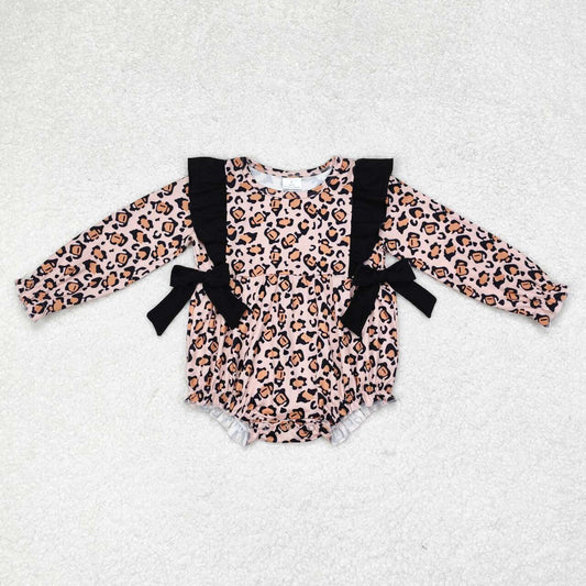 LR1071 Leopard print black bow long sleeve jumpsuit