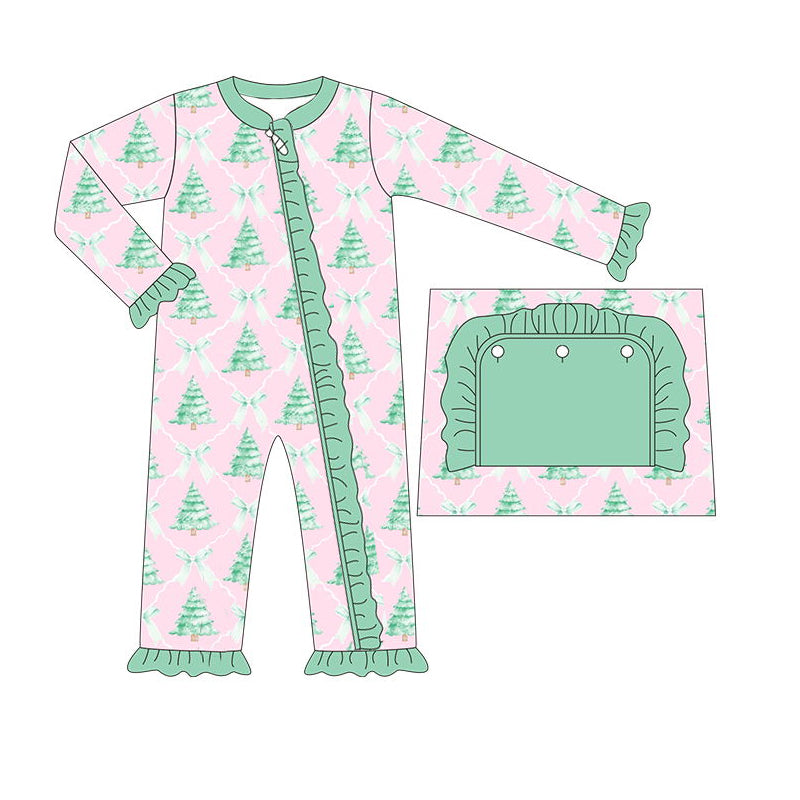 LR1073 Bamboo Christmas tree bow green lace pink zipper long sleeve jumpsuit