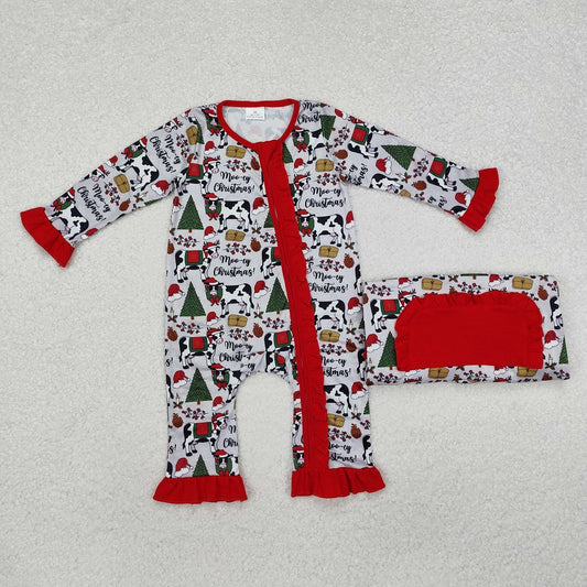 LR1074 Christmas Tree Cow Gray Red Lace Zipper Long Sleeve Bodysuit