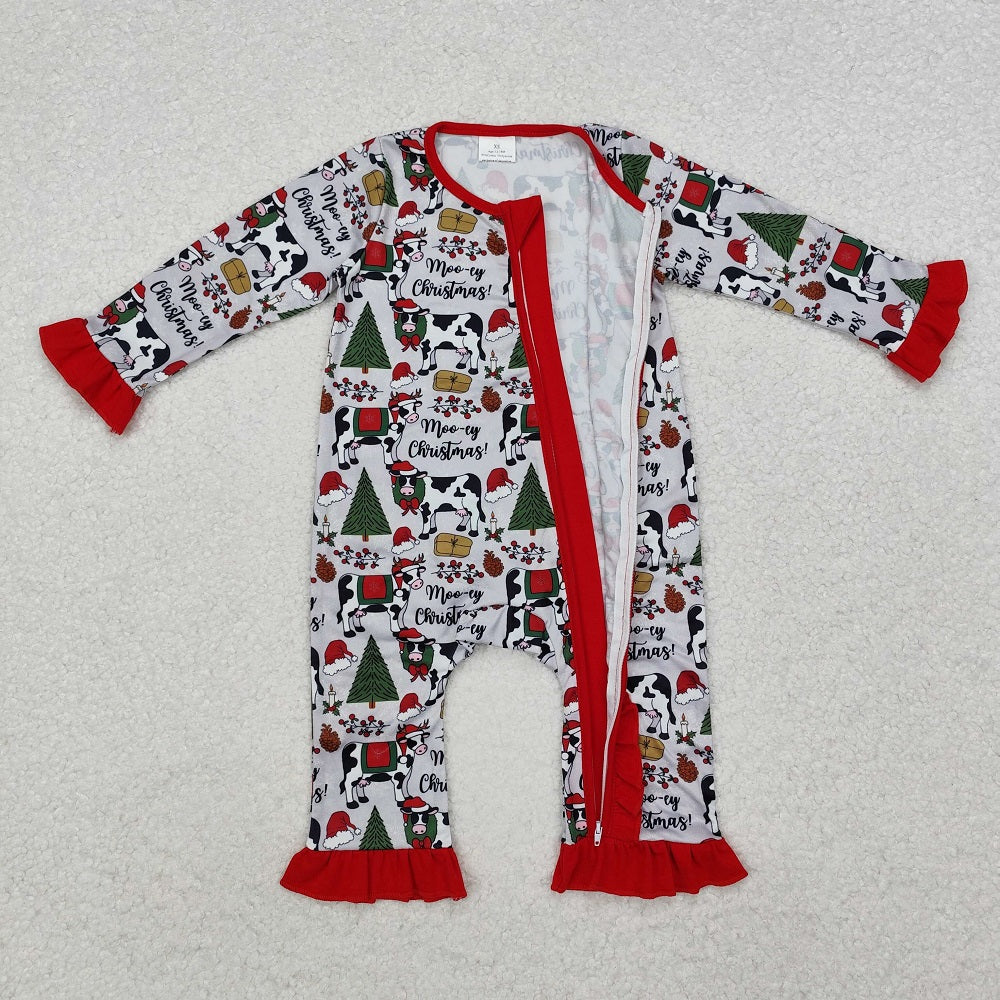 LR1074 Christmas Tree Cow Gray Red Lace Zipper Long Sleeve Bodysuit
