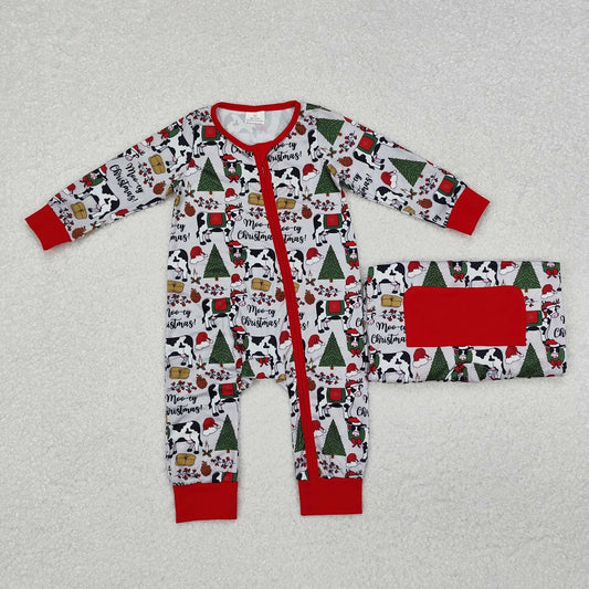 LR1075 Christmas tree cow gray red zipper long sleeve jumpsuit