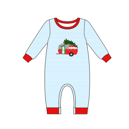 presale LR1085 Christmas tree camper blue striped long sleeve jumpsuit