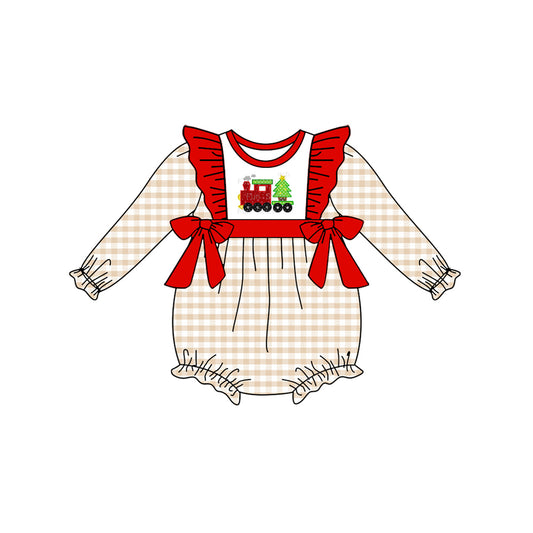 presale LR1086 Christmas Tree Train Plaid Red Lace Bow Long Sleeve Jumpsuit