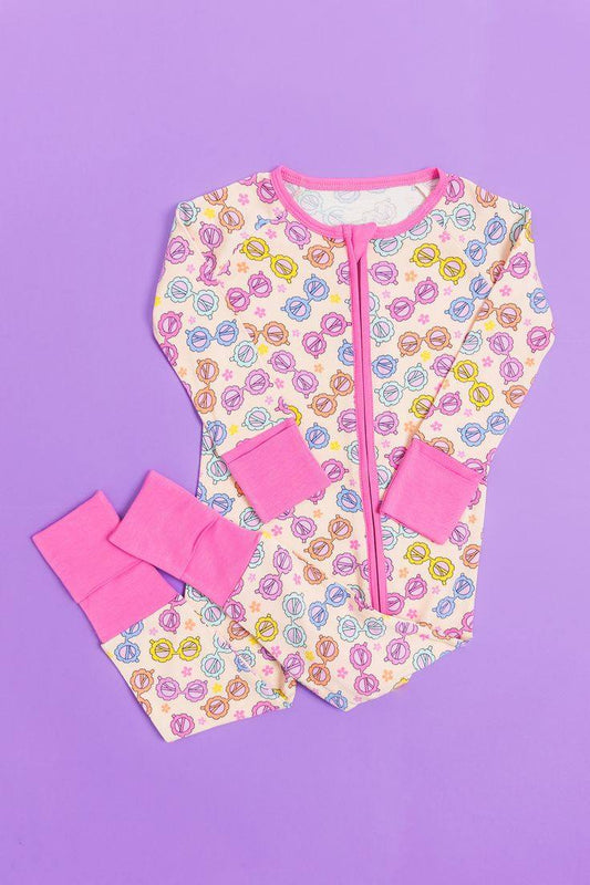 presale LR1092 Pink Zipper Long Sleeve Bodysuit with Flowers and Glasses