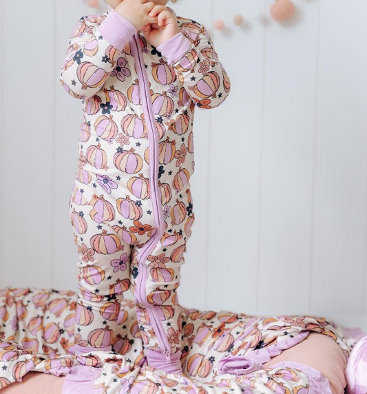 presale LR1093 Beige Pumpkin Floral Zipper Long Sleeve Bodysuit