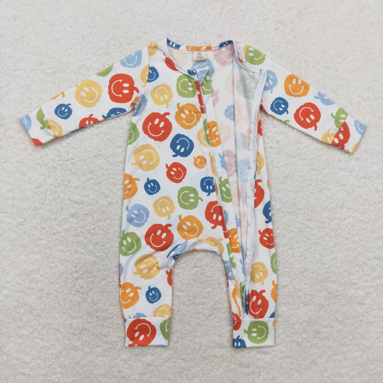 LR1094 Bamboo Smiley Pumpkin White Zipper Long Sleeve Bodysuit