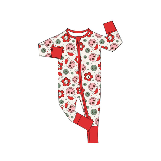 presale LR1098 Christmas smiley face flower red zipper long sleeve jumpsuit