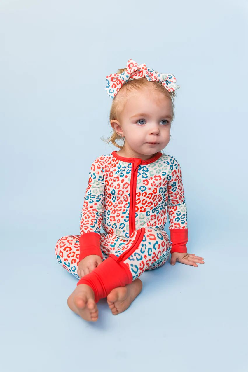 presale LR1100 Christmas Red and Blue Leopard Print Zipper Long Sleeve Bodysuit