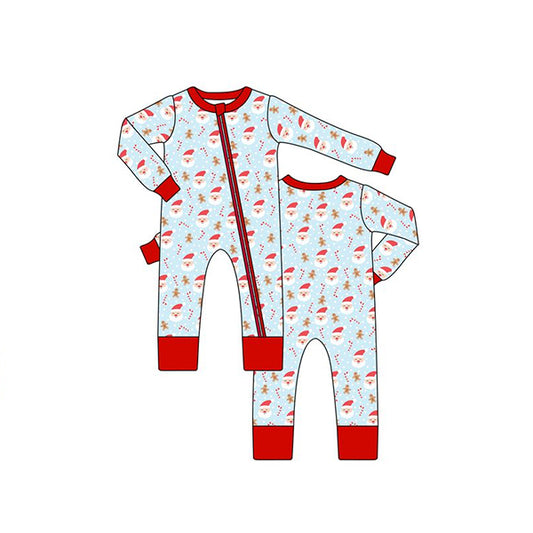 presale LR1103 Santa Cane Gingerbread Man Blue Zipper Long Sleeve Bodysuit