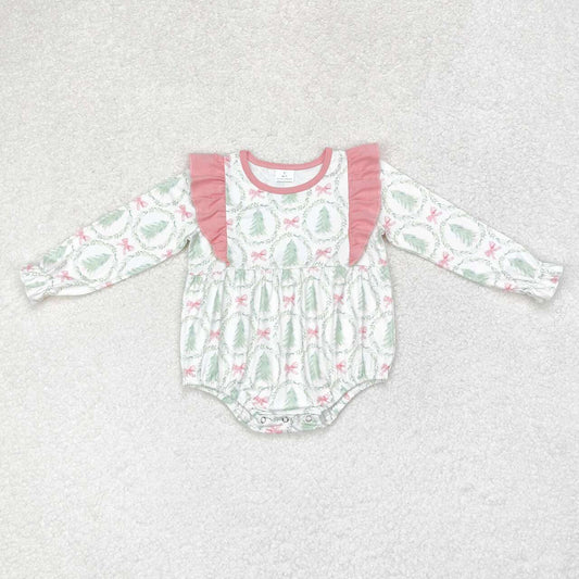 LR1105 Pink lace long-sleeved bodysuit with Christmas tree bow pattern